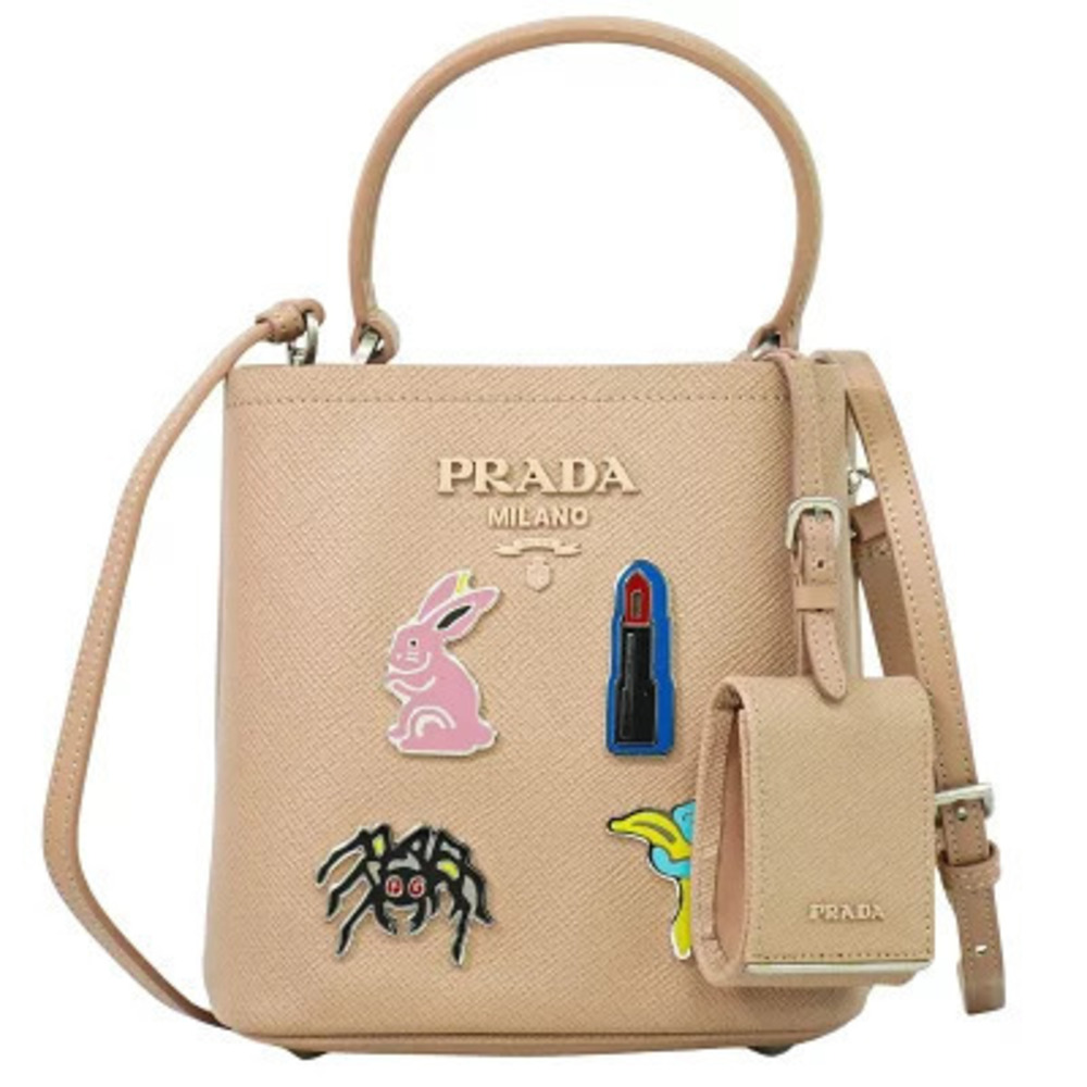 Prada Panier Pochette Leather 2Way Shoulder Bag Beige Pink Tan